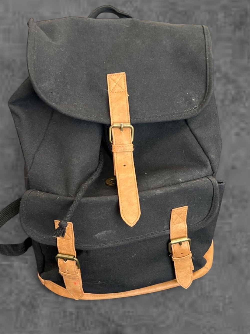 Black Canvas Backpack with Tan Leather Trim